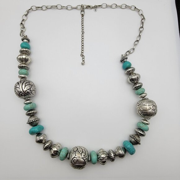 Chico's Silver And Blue Beaded Necklace Chunky Runway Statement 44 Inch Adj. - Picture 1 of 9